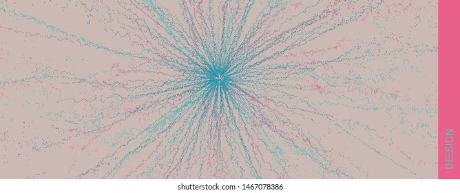 Point explode. Array with dynamic emitted particles. 3d technology style. Abstract background. Vector illustration.