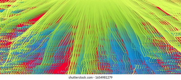 Point explode. Array with dynamic emitted particles. 3d technology style. Abstract background. Vector illustration.