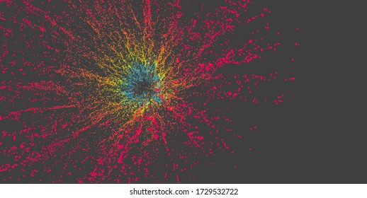Point explode. Array with dynamic emitted particles. 3d technology style. Abstract background. Vector illustration.