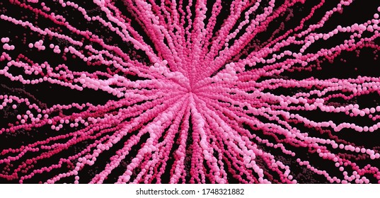 Point explode. Array with dynamic emitted particles. 3d technology style. Abstract background. Vector illustration.