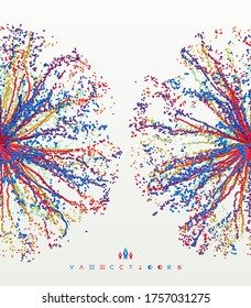 Point explode. Array with dynamic emitted particles. 3d technology style. Abstract background. Vector illustration.