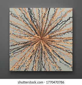 Point explode. Array with dynamic emitted particles. 3d technology style. Abstract background. Vector illustration.