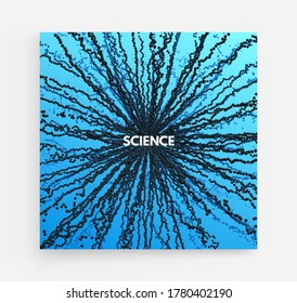 Point explode. Array with dynamic emitted particles. 3d technology style. Abstract background. Vector illustration.