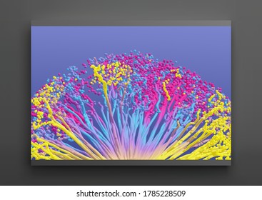 Point explode. Array with dynamic emitted particles. 3d technology style. Abstract background. Vector illustration.