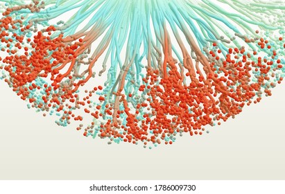 Point explode. Array with dynamic emitted particles. 3d technology style. Abstract background. Vector illustration.