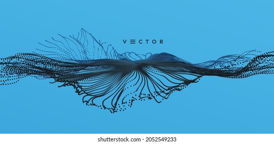 Point explode. Array with dynamic emitted particles. 3d technology style. Abstract background. Vector illustration.