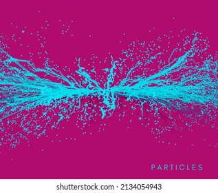 Point explode. Array with dynamic emitted particles. 3d technology style. Abstract background. Vector illustration.