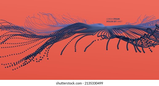 Point explode. Array with dynamic emitted particles. 3d technology style. Abstract background. Vector illustration.