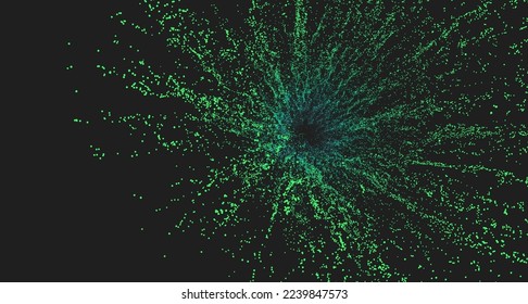 Point explode. Array with dynamic emitted particles. 3d technology style. Abstract background. Vector illustration.