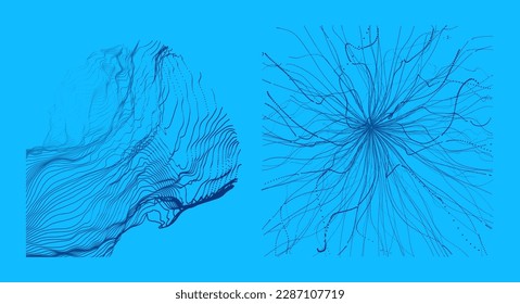 Point explode. Array with dynamic emitted particles. Water splash imitation. Abstract background. Cover design template. 3D illustration for brochure, poster, presentation, flyer or banner.