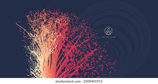 Point explode. Array with dynamic emitted particles. 3d technology style. Abstract background. Vector illustration.