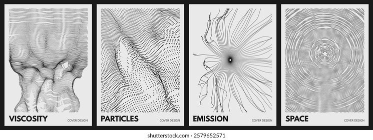 Point explode. Array with dynamic emitted particles. Water splash imitation. Cover design template. Big data. Spider web torn. 3D vector for brochure, poster, presentation, flyer or banner.