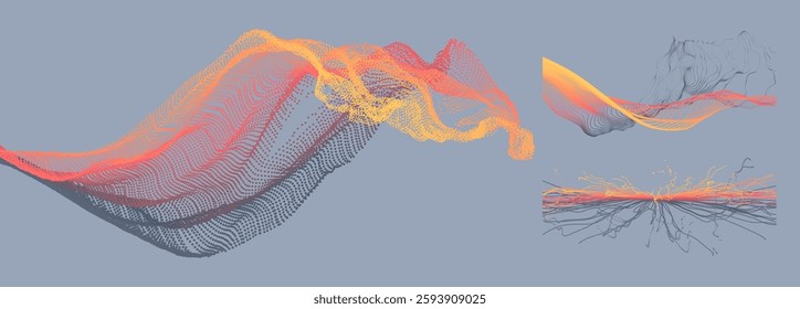 Point explode. Array with dynamic emitted particles. Water splash imitation. Abstract background. Cover design template. 3D illustration for brochure, poster, presentation, flyer or banner.