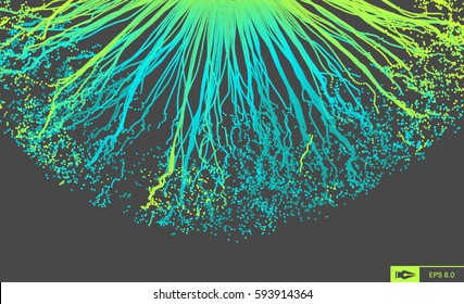 Point Explode. Array with Dynamic Emitted Particles. 3D Technology Style. Abstract Background. Vector Illustration.