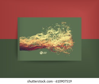 Point Explode. Array with Dynamic Emitted Particles. Textbook, booklet or notebook mockup. Business brochure. Cover design template. Generative art. Vector Illustration. 
