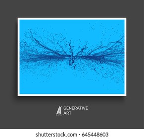 Point Explode. Array with Dynamic Emitted Particles. Textbook, booklet or notebook mockup. Business brochure. Cover design template. Generative art. Vector Illustration.