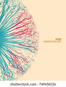 Point explode. Array with dynamic emitted particles. 3d technology style. Abstract background. Vector illustration.