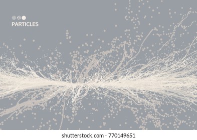 Point explode. Array with dynamic emitted particles. 3d technology style. Abstract background. Vector illustration.  