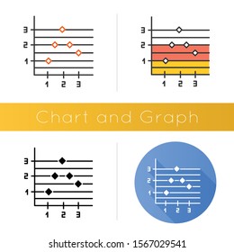 Point and figure chart icon. Informational graph. Business diagram. Scatter chart. Economical research on prices. Trading and sales. Flat design, linear and color styles. Isolated vector illustrations