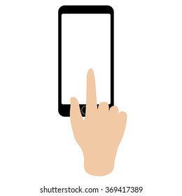 point finger touching and hand on black smart phone with blank screen on white background vector
