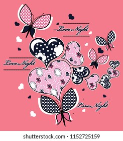 Point and flower pattened heart and heart patterned butterflies with texts. Vector illustration.