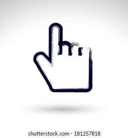 Point hand gesture created with real hand drawn ink brush, scanned and vectorized. Brush drawing touch screen simple vector icon, hand-painted user interface symbol, isolated on white background. 