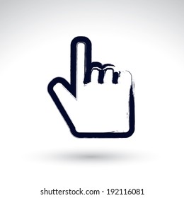 Point hand gesture created with real hand drawn ink brush, scanned and vectorized. Brush drawing touch screen simple vector icon, hand-painted user interface symbol, isolated on white background. 