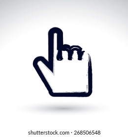 Point hand gesture created with real hand drawn ink brush, scanned and vectorized. Brush drawing touch screen simple vector icon, hand-painted user interface symbol, isolated on white background. 
