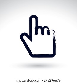 Point hand gesture created with real hand drawn ink brush, scanned and vectorized. Brush drawing touch screen simple vector icon, hand-painted user interface symbol, isolated on white background. 