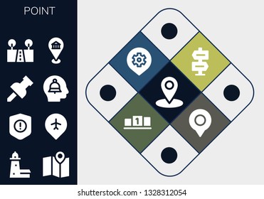 point icon set. 13 filled point icons.  Collection Of - Location, Split point, Maps, Warning, Pin, Alert, Street, Direction, Place, Position