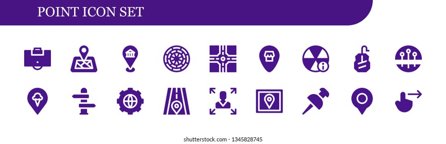 point icon set. 18 filled point icons.  Simple modern icons about  - Area, Location pin, Location, Dart board, Crossroad, Alert, Mouse, Pins, Pin, Direction, Options, Road, Decision making