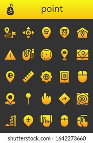 point icon set. 26 filled point icons. Included Direction, Mouse, Destination, Location, Alert, Focus, Gps, Pin, Finger, Options, Tap, Maps, Clicking icons