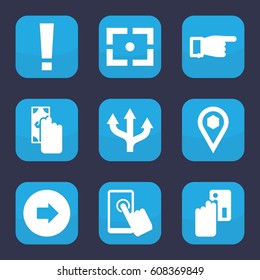 Point icon. set of 9 filled point icons such as arrow right, pointing, location, center focus, touchscreen, cash payment, creadit card payment, arrow