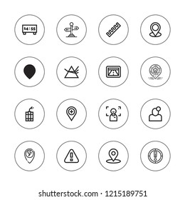 Point icon set. collection of 16 outline point icons with direction, dispersion, dynamite, focus, finger, location, gps, pin, notification, placeholder, scoreboard icons.