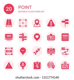 point icon set. Collection of 20 filled point icons included Road, Selection, Pin, Warning, Directions, Error, Street, Location, Gps, Pins, Focus, Dart board, Alert, Track, Push pin