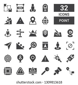 point icon set. Collection of 32 filled point icons included Direction, Pin, Alert, Focus, Finger, Cursor, Dart board, Location, Gps, Error, Gravity, Navigator, Route, Computer mouse