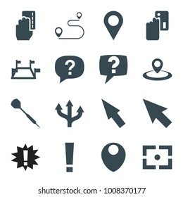 Point icons. set of 16 editable filled point icons such as pointer, creadit card payment, location, arrow, exclamation, locations, exclamation point, dart, center focus