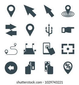 Point icons. set of 16 editable filled point icons such as arrow left, pointing, map location, pointer, cash payment, creadit card payment, location, touchscreen, location pin