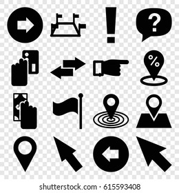 Point icons set. set of 16 point filled icons such as arrow left, arrow right, pointing, map location, location pin, flag, pointer, locations, arrow, exclamation, cash payment