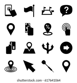 Point icons set. set of 16 point filled icons such as arrow right, map location, location pin, touchscreen, flag, dart, locations, exclamation, pointer, cash payment
