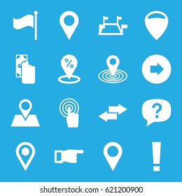 Point icons set. set of 16 point filled icons such as arrow right, pointing, map location, location pin, location, touchscreen, flag, arrow, exclamation, cash payment