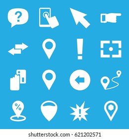 Point icons set. set of 16 point filled icons such as arrow left, pointing, distance, location, location pin, center focus, touchscreen, arrow, exclamation, pointer
