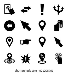 Point icons set. set of 16 point filled icons such as arrow left, pointing, map location, location, touchscreen, pointer, arrow, exclamation, creadit card payment