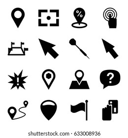 Point icons set. set of 16 point filled icons such as location pin, distance, location, touchscreen, flag, dart, center focus, pointer, locations, exclamation