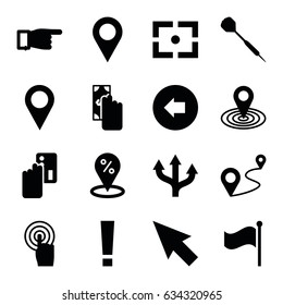 Point icons set. set of 16 point filled icons such as arrow left, pointing, map location, distance, touchscreen, flag, dart, location pin, center focus, pointer, cash payment