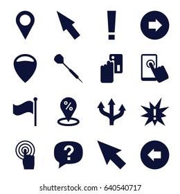 Point icons set. set of 16 point filled icons such as arrow left, arrow right, touchscreen, flag, dart, location pin, pointer, exclamation, location, creadit card payment