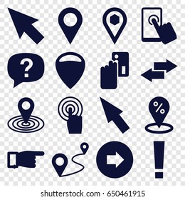 Point icons set. set of 16 point filled icons such as arrow right, pointing, map location, distance, location, touchscreen, pointer, arrow, exclamation, creadit card payment