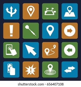 Point icons set. set of 16 point filled icons such as arrow left, arrow right, map location, location pin, distance, location, dart, locations, touchscreen, arrow, exclamation