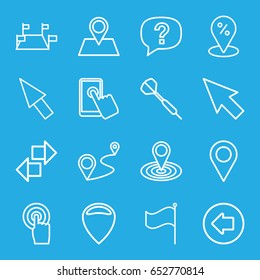 Point icons set. set of 16 point outline icons such as arrow left, map location, location pin, distance, touchscreen, flag, pointer, dart, location, exclamation