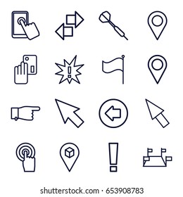 Point icons set. set of 16 point outline icons such as arrow left, pointing, location, touchscreen, flag, location pin, pointer, dart, creadit card payment, exclamation